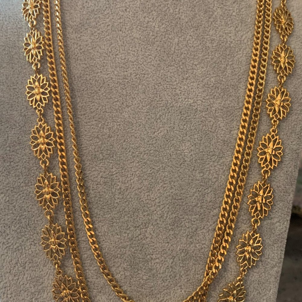 Timeless Shining Vintage Signed Monet Multi Strand Gold Necklace.